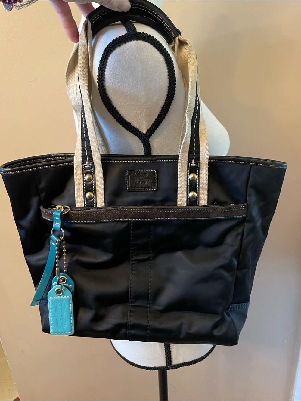 Coach-Vintage  Black Tote with Beige Straps, Suede trim and Teal Charms